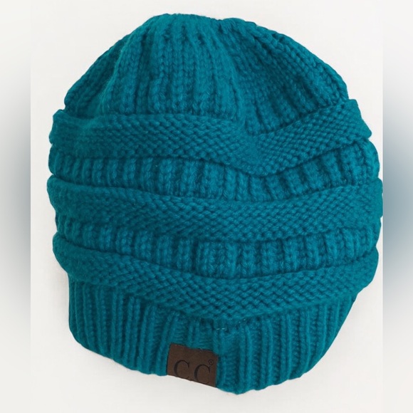 C.C Dark Teal Ponytail Thick Knit Messy Bun Bohemian Beanie Whimsical Winter Hat - Picture 1 of 6